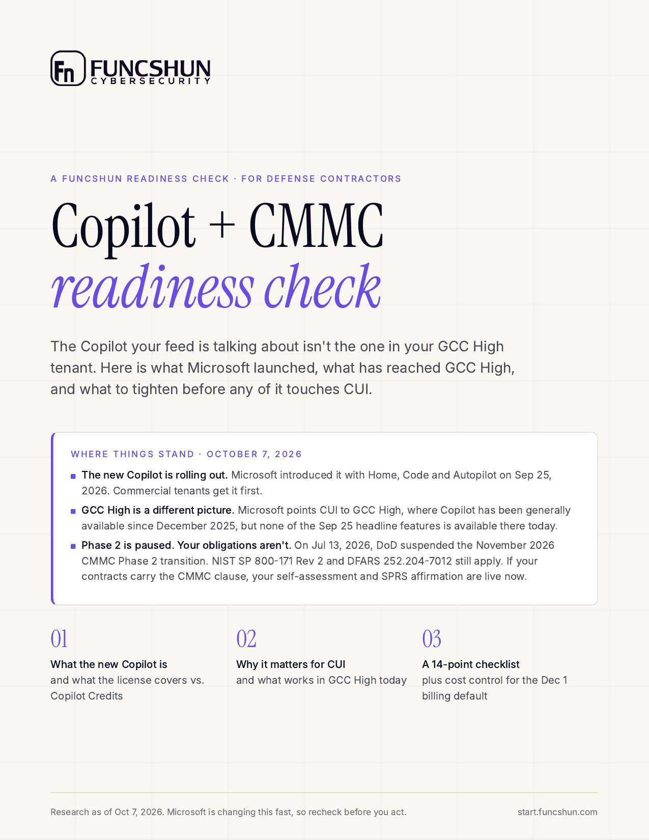 Cover of the FUNCSHUN guide: Copilot + CMMC readiness check