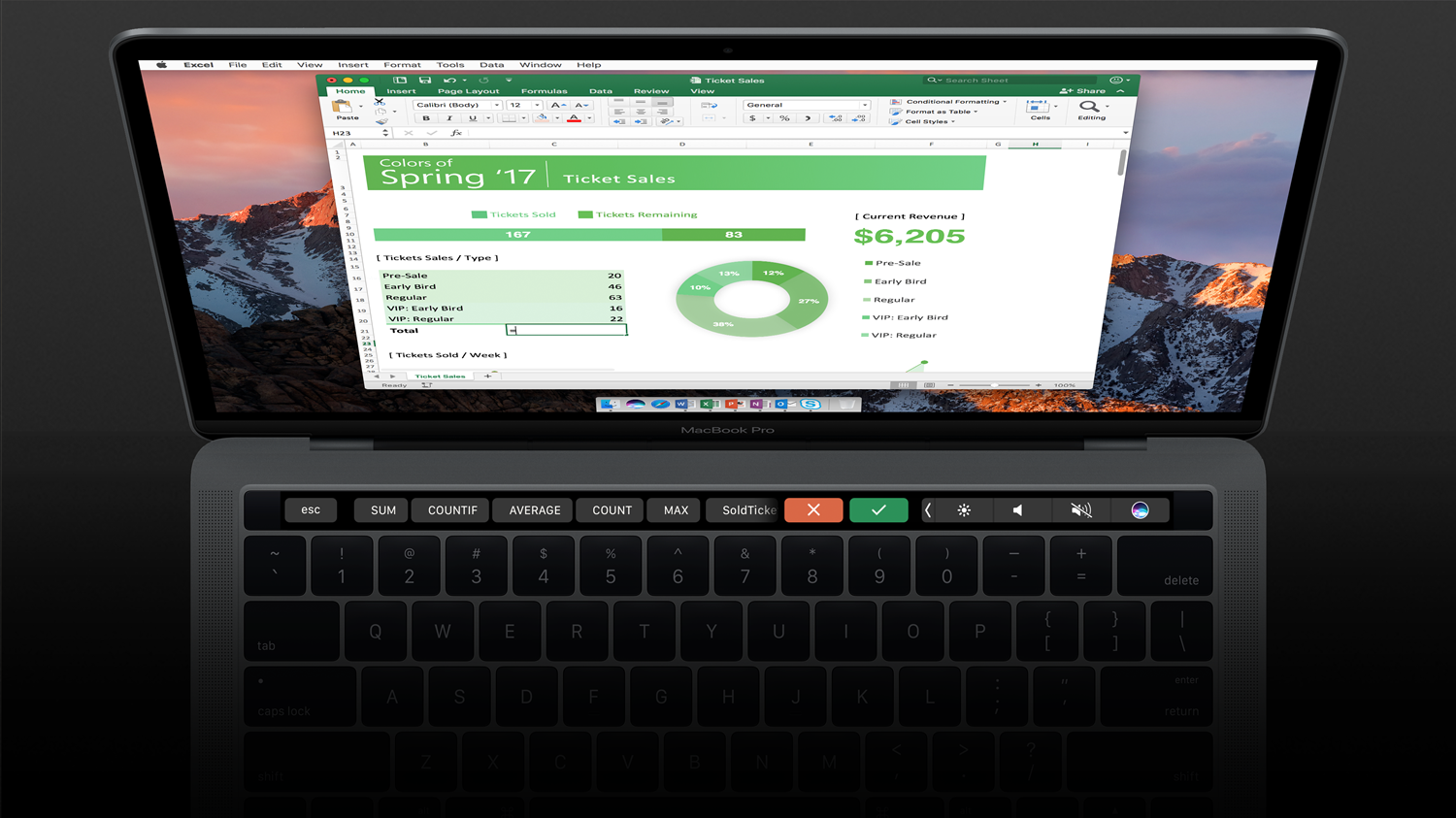The image shows a Mac with touch bar enabled in Excel. The touch bar shows commonly used functions such as “SUM” that are related to the cell that is being selected within the spreadsheet.