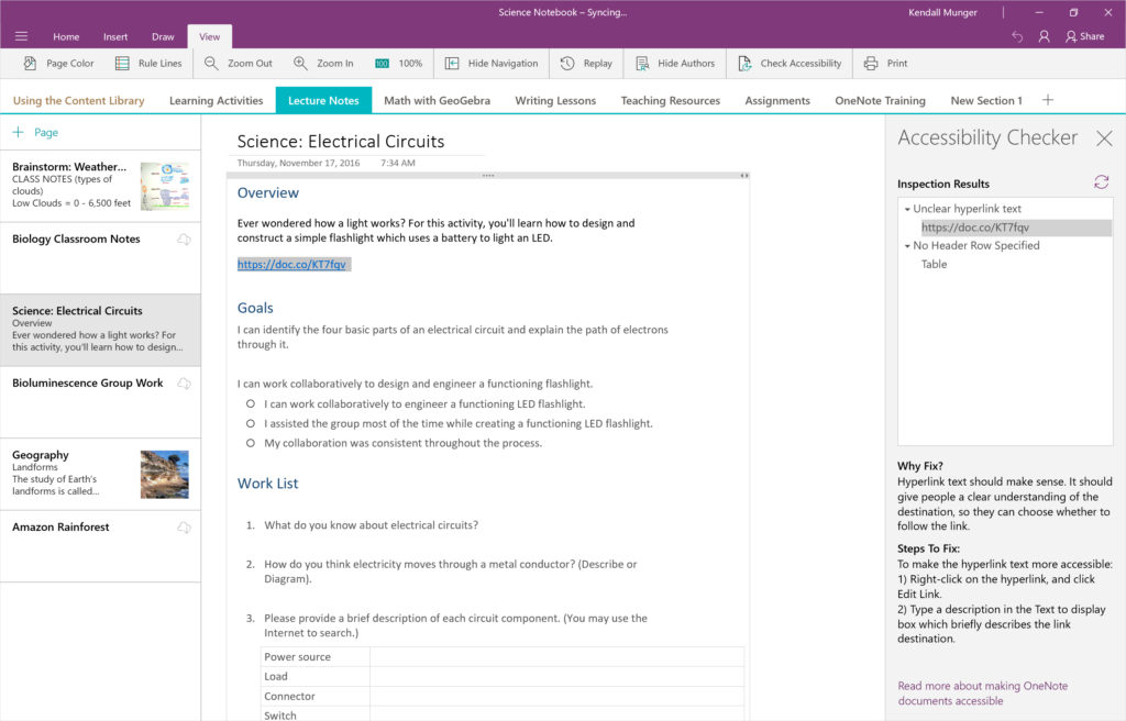 The Accessibility Checker is being shown in OneNote, specifically alerting the user to unclear hyperlink text in the notebook page.