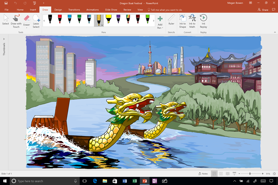 A drawing is being shown in PowerPoint with pencil texture and ink effects used to color in the images.