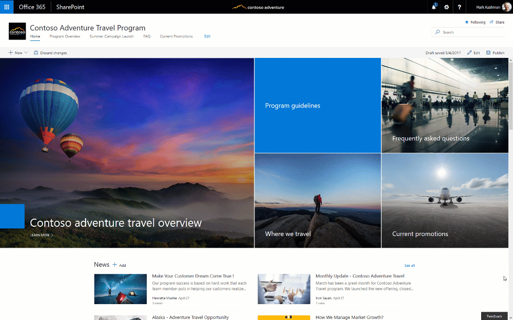 A SharePoint communication site is being shown, including company news, key documents, upcoming events, training videos, an integrated Yammer discussion feed, and more.