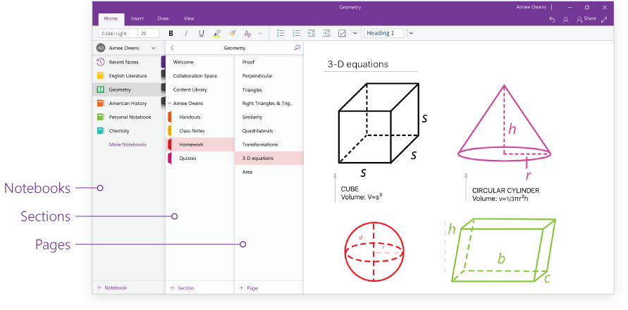 Screenshot of OneNote’s new design showing the navigation all on the left hand side. The columns are labeled from left to right: Notebooks, Sections, Pages.