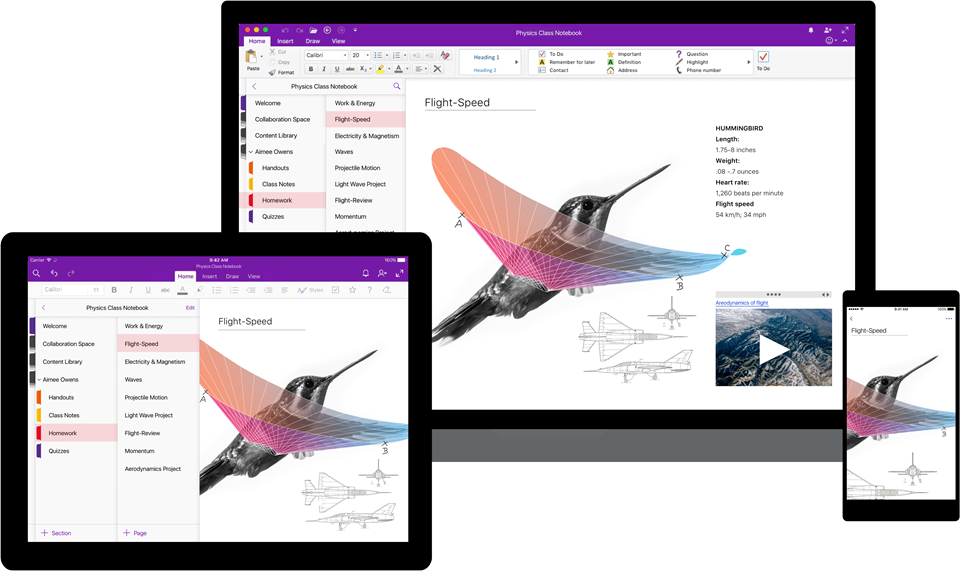 Image of OneNote across three different devices: Computer, tablet and phone. Screen shows that OneNote is a consistent experience and available across multiple devices.