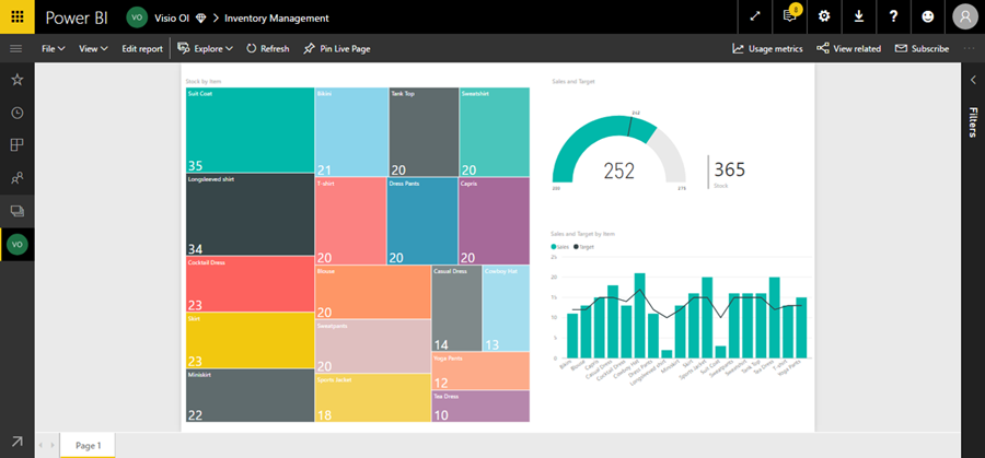 Visualization of Contoso inventory with the Visio tree map displayed on the left and the Power BI data summary on the right.
