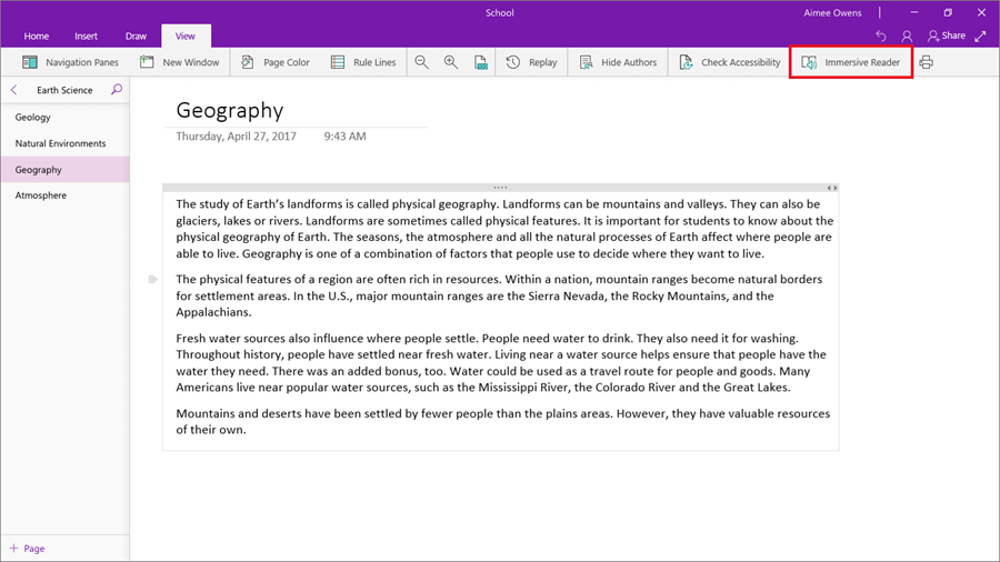 In the OneNote for Windows 10 app, a red square highlights the Immersive Reader button located under the View menu.