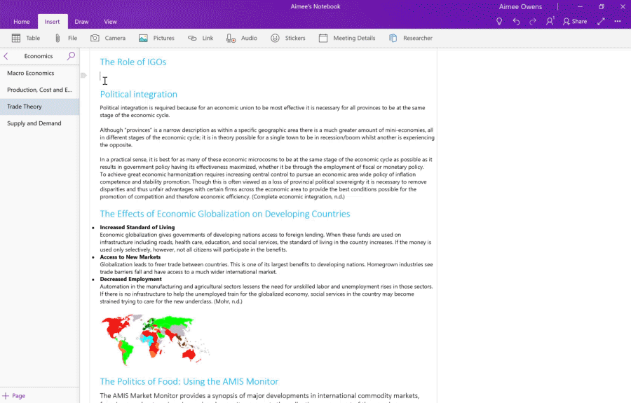 Researcher is being shown in OneNote for Windows 10 alongside an outline being crafted on economic trade theory. The Researcher pane is opened, the term “global economy” is typed into the search box, and results for related material are sifted through. A specific article is selected, a piece of text is highlighted and copied with a single click into the OneNote outline.