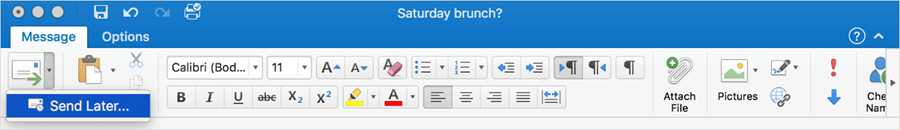 Outlook for Mac toolbar is displayed with the Send Later button highlighted.