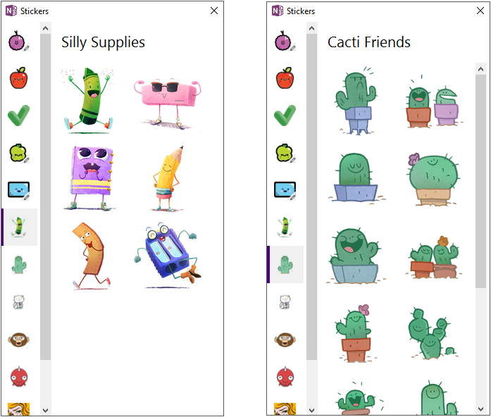 Screenshot of new sticker packs, including Silly Supplies and Cacti Friends.