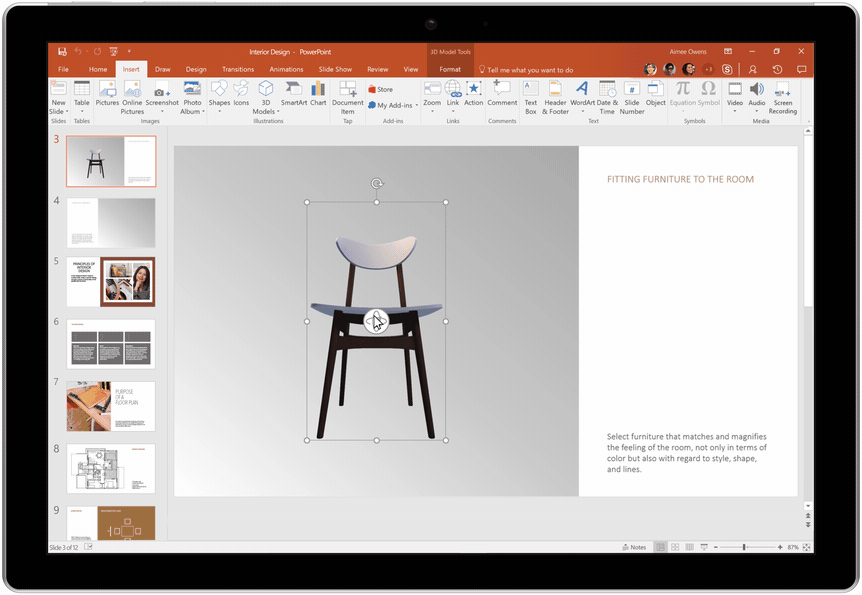 Rotating 3D objects in PowerPoint slides.
