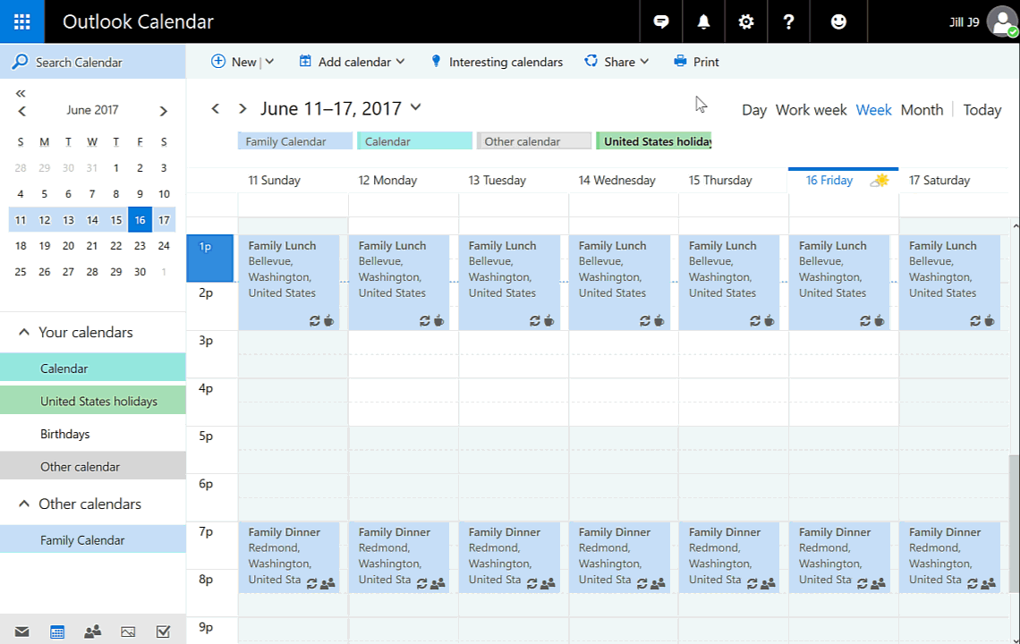 Animated image showing the steps to Share a calendar with two people, including changing the permissions for one person from Can edit to Can view.