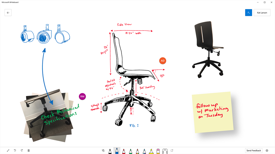 Image showing how a team used the Microsoft Whiteboard to visualize the engineering of a office chair.